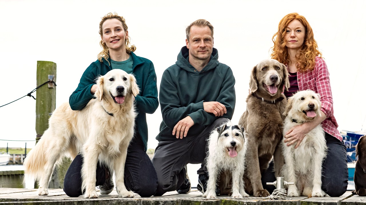 „Nord bei Nordwest“: Hannah Wagner (Jana Klinge), Hauke Jacobs (Hinnerk Schönemann) und Jule Christiansen (Marleen Lohse) mit tierischen Darstellern.