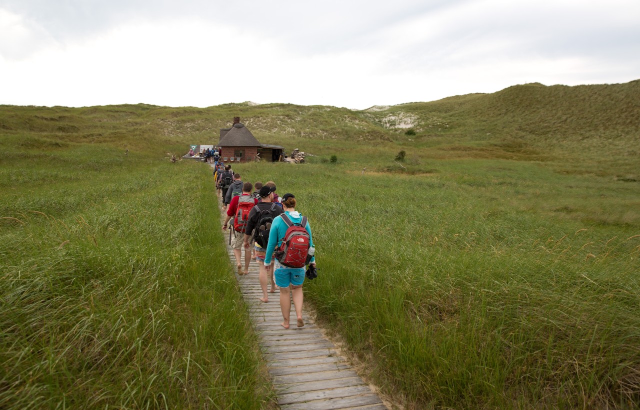 Urlauber bei einer Wanderung an der Nordsee.