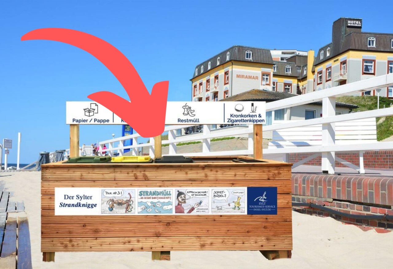 Fast wie zu Hause – oder? Feinsäuberlich getrennte Mülleimer am Strand von Sylt (Montage).