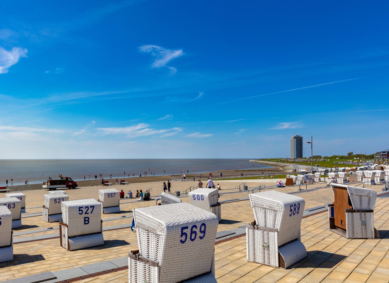 Strandkörbe stehen am Wattenmeer in Büsum an der Nordsee.