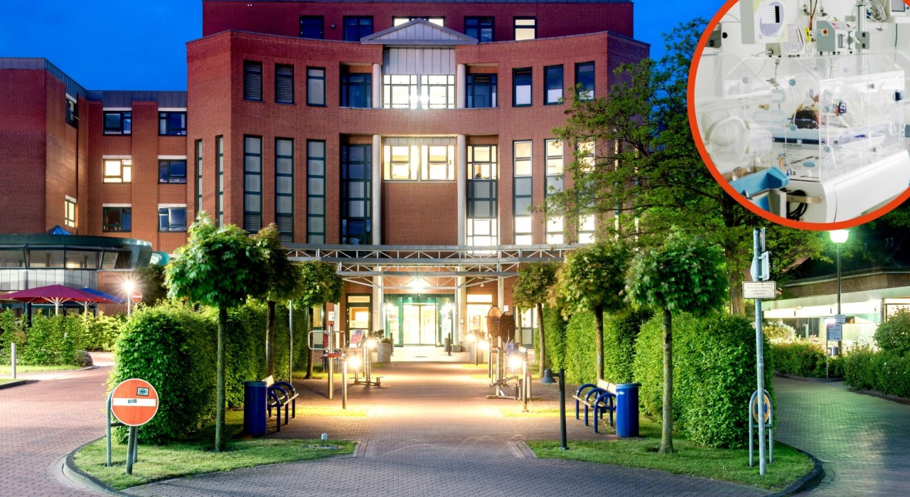 Das Klinikum in Oldenburg. Rechts oben ein Frühchen in einem Inkubator. 